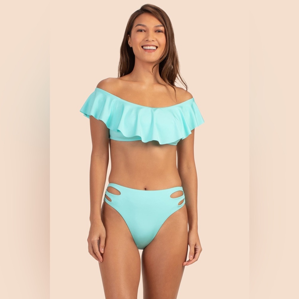 NWT Trina Turk Bikini Top Off The Shoulder Bandeau  Aqua Monaco Ruffle 4
